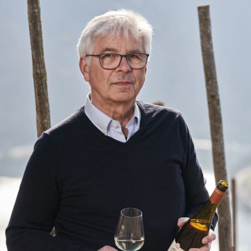 Hans Peter Schreiner haelt ein Glas und eine Flasche Weisswein vor einem Weinberg